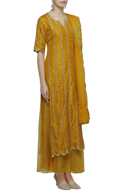 Neha Khullar Yellow Raw Silk, Organza Split Embroidered Kurta Palazzo Set Online at Aza Fashions Neha Khullar_Yellow Raw Silk, Organza Split Embroidered Kurta Palazzo Set _Online_at_Aza_Fashions