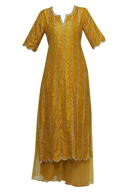 Buy Neha Khullar Yellow Raw Silk, Organza Split Embroidered Kurta Palazzo Set Online at Aza Fashions Buy_Neha Khullar_Yellow Raw Silk, Organza Split Embroidered Kurta Palazzo Set _Online_at_Aza_Fashions
