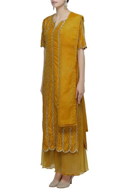 Shop Neha Khullar Yellow Raw Silk, Organza Split Embroidered Kurta Palazzo Set Online at Aza Fashions Shop_Neha Khullar_Yellow Raw Silk, Organza Split Embroidered Kurta Palazzo Set _Online_at_Aza_Fashions