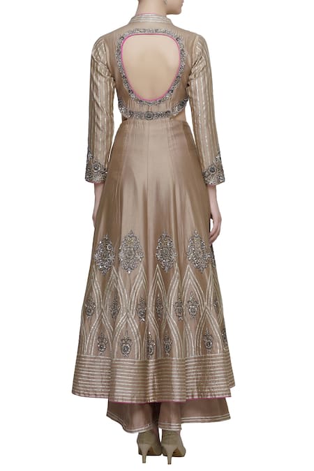 Shop_Neha Khullar_Beige Chanderi Silk Leaf Neck Jacket Style Anarkali Palazzo Set _at_Aza_Fashions