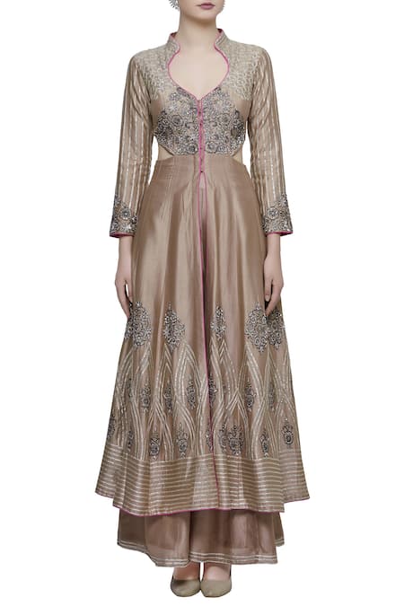 Neha Khullar_Beige Chanderi Silk Leaf Neck Jacket Style Anarkali Palazzo Set _Online_at_Aza_Fashions