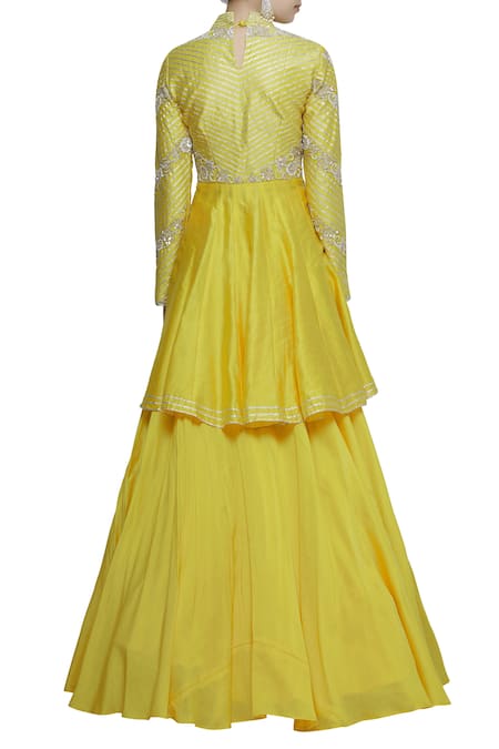 Shop Neha Khullar Yellow Chanderi Silk High-neck Round Neckline Kurta Lehenga Set at Aza Fashions Shop_Neha Khullar_Yellow Chanderi Silk High-neck Round Neckline Kurta Lehenga Set _at_Aza_Fashions
