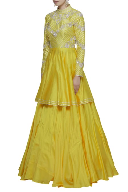 Neha Khullar Yellow Chanderi Silk High-neck Round Neckline Kurta Lehenga Set Online at Aza Fashions Neha Khullar_Yellow Chanderi Silk High-neck Round Neckline Kurta Lehenga Set _Online_at_Aza_Fashions