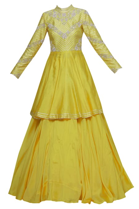 Buy Neha Khullar Yellow Chanderi Silk High-neck Round Neckline Kurta Lehenga Set Online at Aza Fashions Buy_Neha Khullar_Yellow Chanderi Silk High-neck Round Neckline Kurta Lehenga Set _Online_at_Aza_Fashions