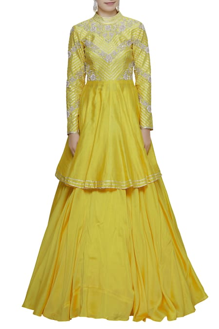 Shop Neha Khullar Yellow Chanderi Silk High-neck Round Neckline Kurta Lehenga Set Online at Aza Fashions Shop_Neha Khullar_Yellow Chanderi Silk High-neck Round Neckline Kurta Lehenga Set _Online_at_Aza_Fashions