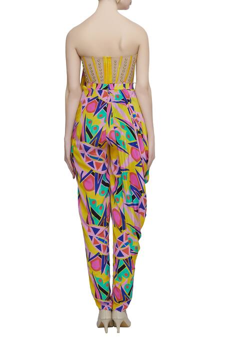 Shop Papa Don't Preach Yellow Crepe Bandeau Printed Jumpsuit at Aza Fashions Shop_Papa Don't Preach_Yellow Crepe Bandeau Printed Jumpsuit_at_Aza_Fashions