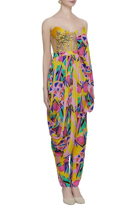 Papa Don't Preach Yellow Crepe Bandeau Printed Jumpsuit Online at Aza Fashions Papa Don't Preach_Yellow Crepe Bandeau Printed Jumpsuit_Online_at_Aza_Fashions