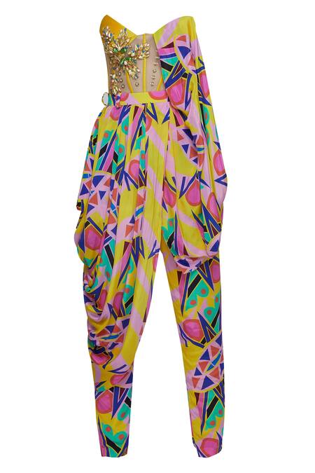 Buy Papa Don't Preach Yellow Crepe Bandeau Printed Jumpsuit Online at Aza Fashions Buy_Papa Don't Preach_Yellow Crepe Bandeau Printed Jumpsuit_Online_at_Aza_Fashions