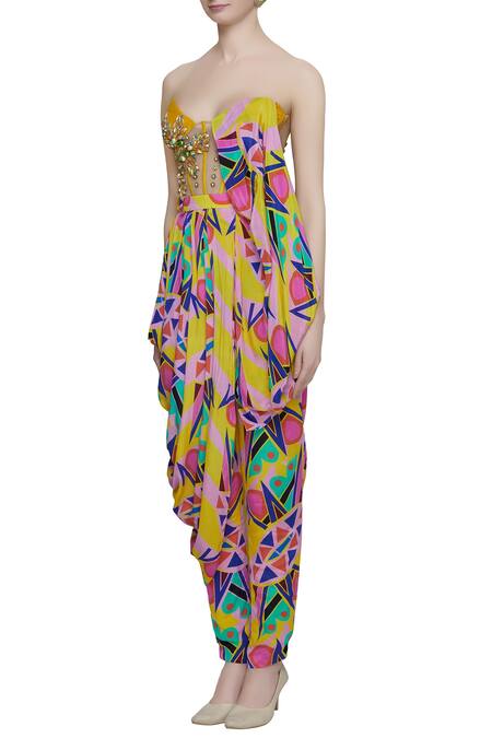 Shop Papa Don't Preach Yellow Crepe Bandeau Printed Jumpsuit Online at Aza Fashions Shop_Papa Don't Preach_Yellow Crepe Bandeau Printed Jumpsuit_Online_at_Aza_Fashions