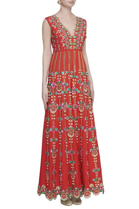 Papa Dont Preach_Red Jute Linen 3d Sequin V Embroidered Flared Jumpsuit_Online_at_Aza_Fashions