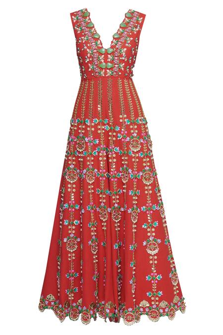 Buy_Papa Dont Preach_Red Jute Linen 3d Sequin V Embroidered Flared Jumpsuit_Online_at_Aza_Fashions