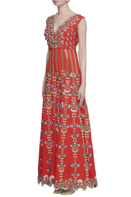 Shop_Papa Dont Preach_Red Jute Linen 3d Sequin V Embroidered Flared Jumpsuit_Online_at_Aza_Fashions