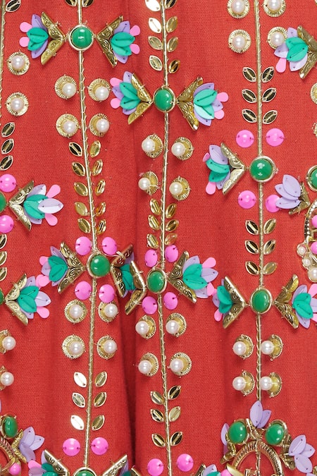 Papa Dont Preach_Red Jute Linen 3d Sequin V Embroidered Flared Jumpsuit_at_Aza_Fashions