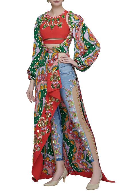 Papa Dont Preach Red Crepe Printed Jacket And Pant Set