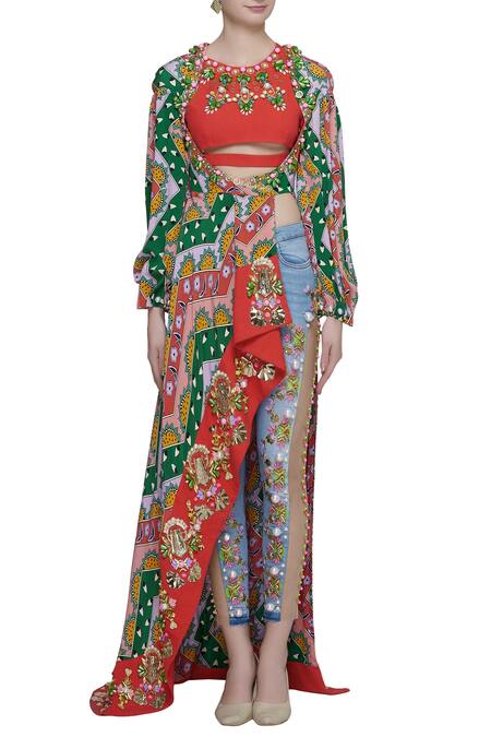 Papa Dont Preach_Red Crepe Printed Jacket And Pant Set_Online_at_Aza_Fashions