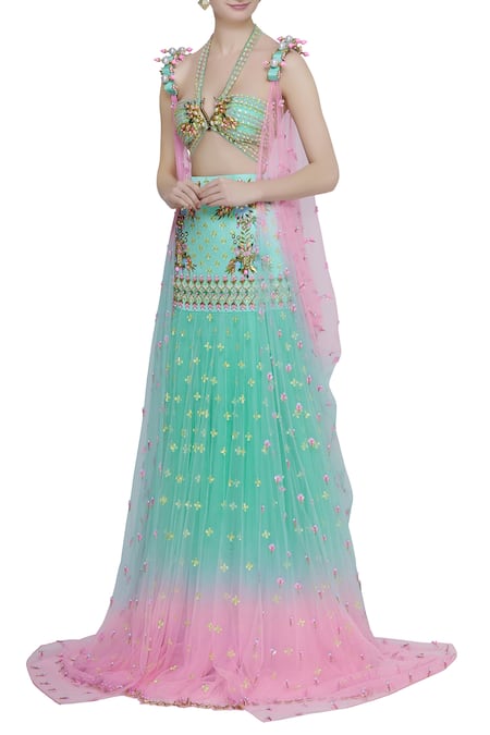 Papa Don't Preach Green Tulle Embroidered Jacket And Lehenga Set