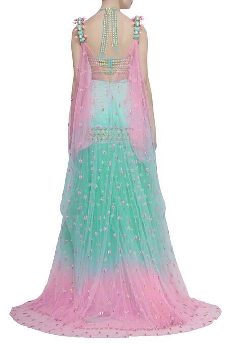 Shop Papa Don't Preach Green Tulle Embroidered Jacket And Lehenga Set at Aza Fashions Shop_Papa Don't Preach_Green Tulle Embroidered Jacket And Lehenga Set_at_Aza_Fashions