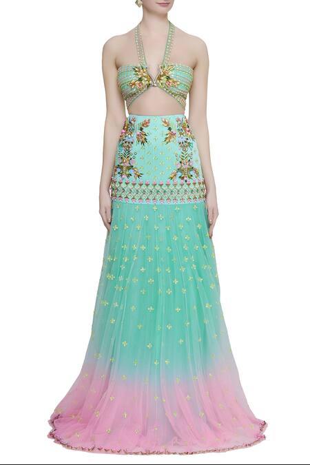 Papa Don't Preach Green Tulle Embroidered Jacket And Lehenga Set Online at Aza Fashions Papa Don't Preach_Green Tulle Embroidered Jacket And Lehenga Set_Online_at_Aza_Fashions