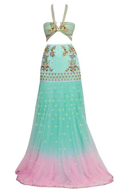 Buy Papa Don't Preach Green Tulle Embroidered Jacket And Lehenga Set Online at Aza Fashions Buy_Papa Don't Preach_Green Tulle Embroidered Jacket And Lehenga Set_Online_at_Aza_Fashions