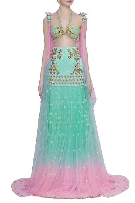 Shop Papa Don't Preach Green Tulle Embroidered Jacket And Lehenga Set Online at Aza Fashions Shop_Papa Don't Preach_Green Tulle Embroidered Jacket And Lehenga Set_Online_at_Aza_Fashions