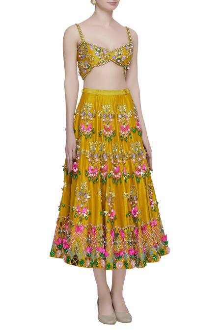 Papa Dont Preach_Yellow Raw Silk Beads, Sequin Sweetheart Embroidered Lehenga Set_Online_at_Aza_Fashions