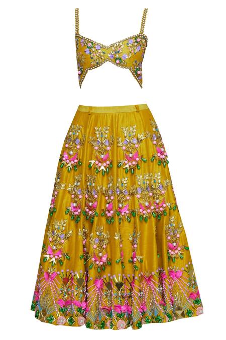 Buy_Papa Dont Preach_Yellow Raw Silk Beads, Sequin Sweetheart Embroidered Lehenga Set_Online_at_Aza_Fashions