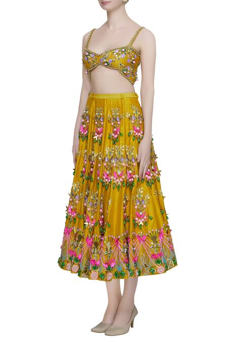 Shop_Papa Dont Preach_Yellow Raw Silk Beads, Sequin Sweetheart Embroidered Lehenga Set_Online_at_Aza_Fashions