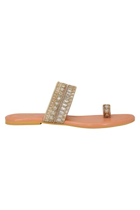 Shop_Veruschka By Payal Kothari_Gold Gota Work Kolhapuri Slip On Flats_at_Aza_Fashions