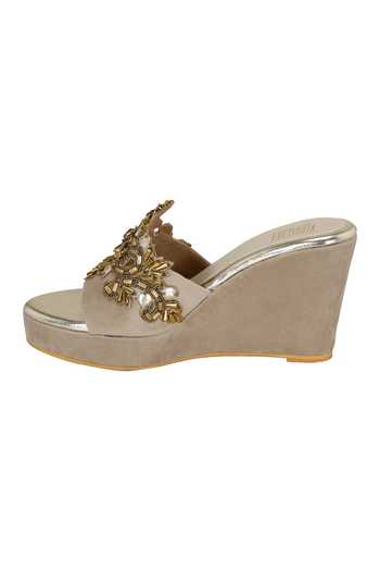 Veruschka By Payal Kothari_Gray Beads Cutwork Grey Suede Wedges_Online_at_Aza_Fashions