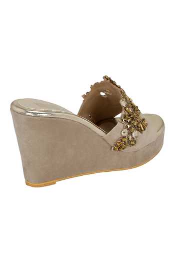 Buy_Veruschka By Payal Kothari_Gray Beads Cutwork Grey Suede Wedges_Online_at_Aza_Fashions