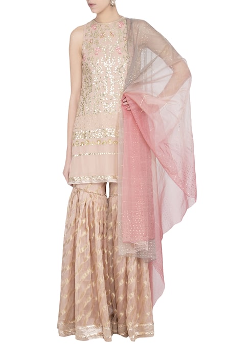 Devnaagri Pink Round Embroidered Kurta Sharara Set 