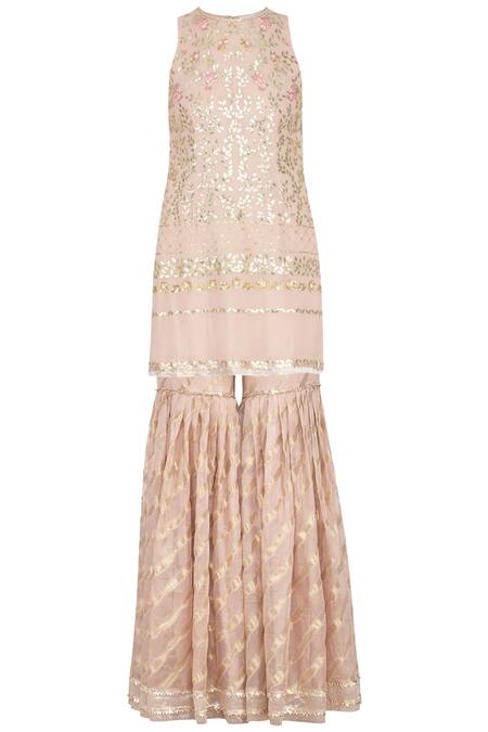 Devnaagri_Pink Round Embroidered Kurta Sharara Set_Online_at_Aza_Fashions