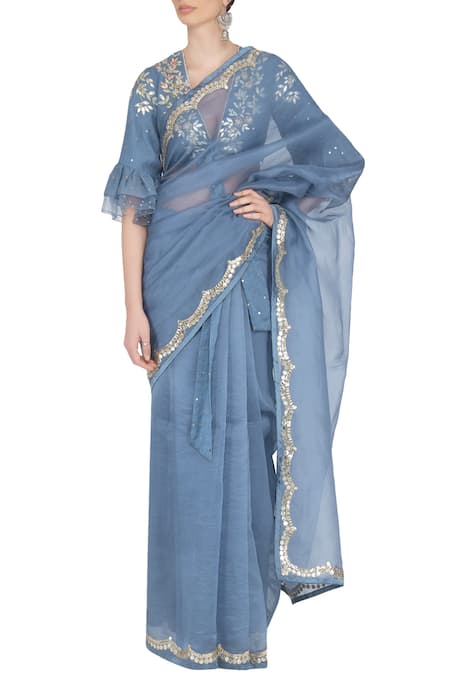 Devnaagri Blue Organza Gota Patti Plunging Neckline Tie-up Scallop Embroidered Saree With 