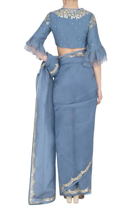 Shop_Devnaagri_Blue Organza Gota Patti Plunging Neckline Tie-up Scallop Embroidered Saree With _at_Aza_Fashions