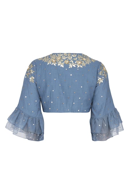 Shop_Devnaagri_Blue Organza Gota Patti Plunging Neckline Tie-up Scallop Embroidered Saree With _Online_at_Aza_Fashions