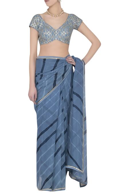 Devnaagri_Blue V Neck Embroidered Leheriya Saree With Blouse_Online_at_Aza_Fashions