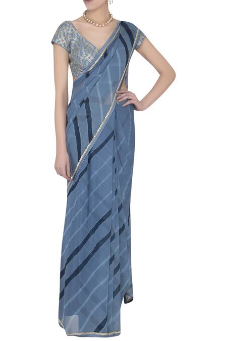 Buy_Devnaagri_Blue V Neck Embroidered Leheriya Saree With Blouse_Online_at_Aza_Fashions