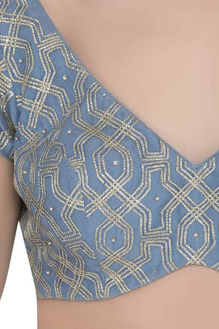 Devnaagri_Blue V Neck Embroidered Leheriya Saree With Blouse_at_Aza_Fashions