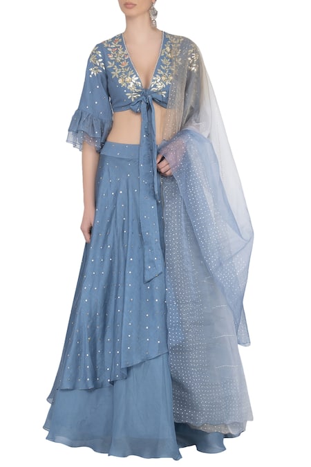 Devnaagri Blue Plunge Neck Embroidered Lehenga Set 