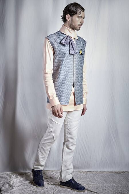 Bubber Couture Grey Flat Rawsilk, Stretch Cotton Printed Nehru Jacket With Shirt Online at Aza Fashions Bubber Couture_Grey Flat Rawsilk, Stretch Cotton Printed Nehru Jacket With Shirt _Online_at_Aza_Fashions