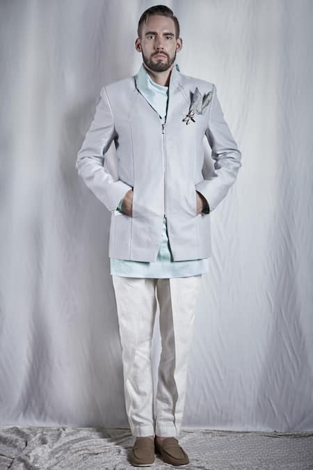 Bubber Couture_Blue Linen, Stretch Cotton Bandhgala With Polo Shirt _Online_at_Aza_Fashions