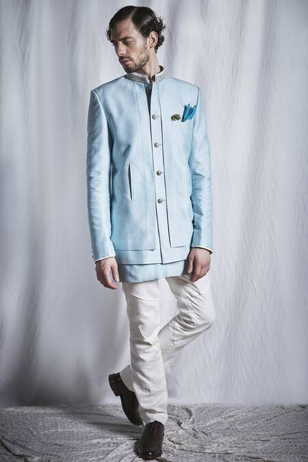 Bubber Couture Blue Jacquard Bead Embroidered Collar Bandhgala With Kurta Online at Aza Fashions Bubber Couture_Blue Jacquard Bead Embroidered Collar Bandhgala With Kurta _Online_at_Aza_Fashions