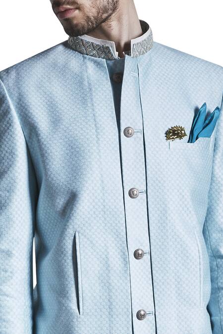 Shop Bubber Couture Blue Jacquard Bead Embroidered Collar Bandhgala With Kurta at Aza Fashions Shop_Bubber Couture_Blue Jacquard Bead Embroidered Collar Bandhgala With Kurta _at_Aza_Fashions