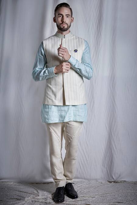 Bubber Couture Blue Cotton Silk Embroidered Nehru Jacket And Kurta Set Online at Aza Fashions Bubber Couture_Blue Cotton Silk Embroidered Nehru Jacket And Kurta Set _Online_at_Aza_Fashions