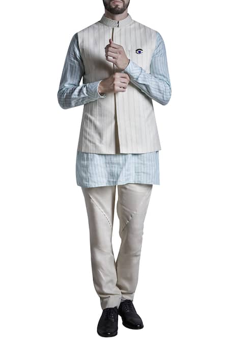 Cotton Fabric Kurta Pyjama With Nehru Jacket Jacket In Artistic Off White  Color
