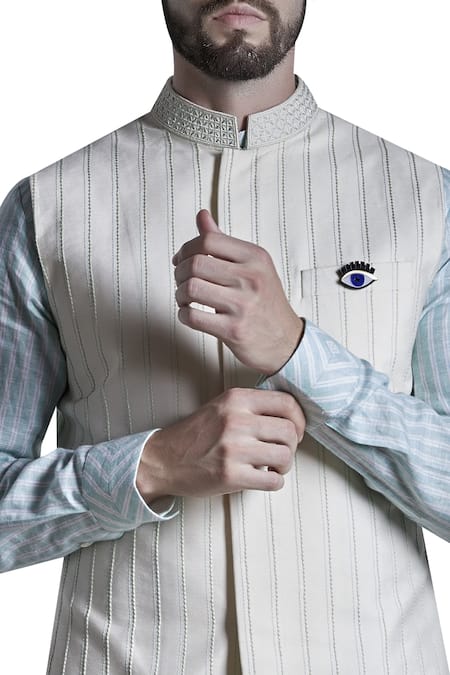 Shop Bubber Couture Blue Cotton Silk Embroidered Nehru Jacket And Kurta Set at Aza Fashions Shop_Bubber Couture_Blue Cotton Silk Embroidered Nehru Jacket And Kurta Set _at_Aza_Fashions