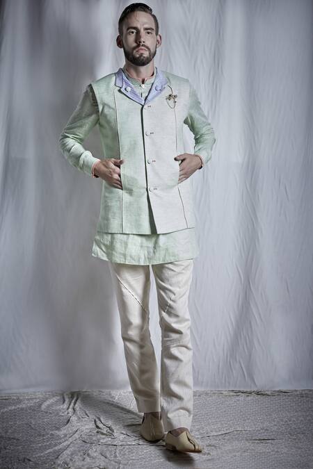 Bubber Couture Green Linen Reversible Nehru Jacket With Shirt Kurta Online at Aza Fashions Bubber Couture_Green Linen Reversible Nehru Jacket With Shirt Kurta _Online_at_Aza_Fashions