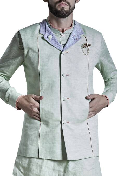 Shop Bubber Couture Green Linen Reversible Nehru Jacket With Shirt Kurta at Aza Fashions Shop_Bubber Couture_Green Linen Reversible Nehru Jacket With Shirt Kurta _at_Aza_Fashions