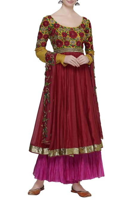 Buy_Sonam Luthria_Yellow Chanderi Round Handwork Anarkali Set  _Online_at_Aza_Fashions