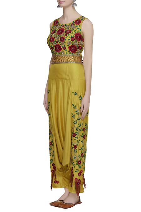 Sonam Luthria_Yellow Pant Fabric Round Embroidered Draped Jumpsuit  _Online_at_Aza_Fashions